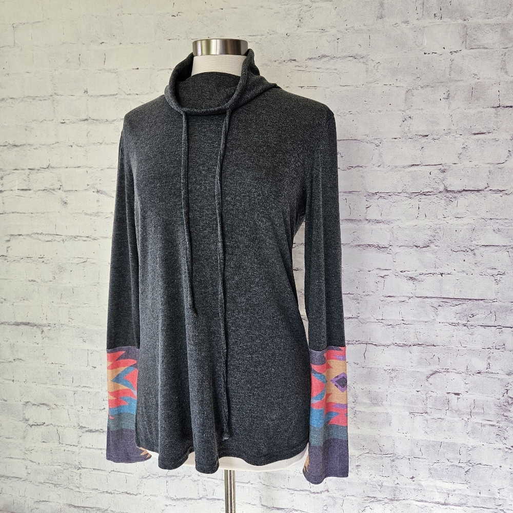 NWOT Aztec Print Cuff Long Sleeve Cowl Neck Tunic Charcoal Grey Large